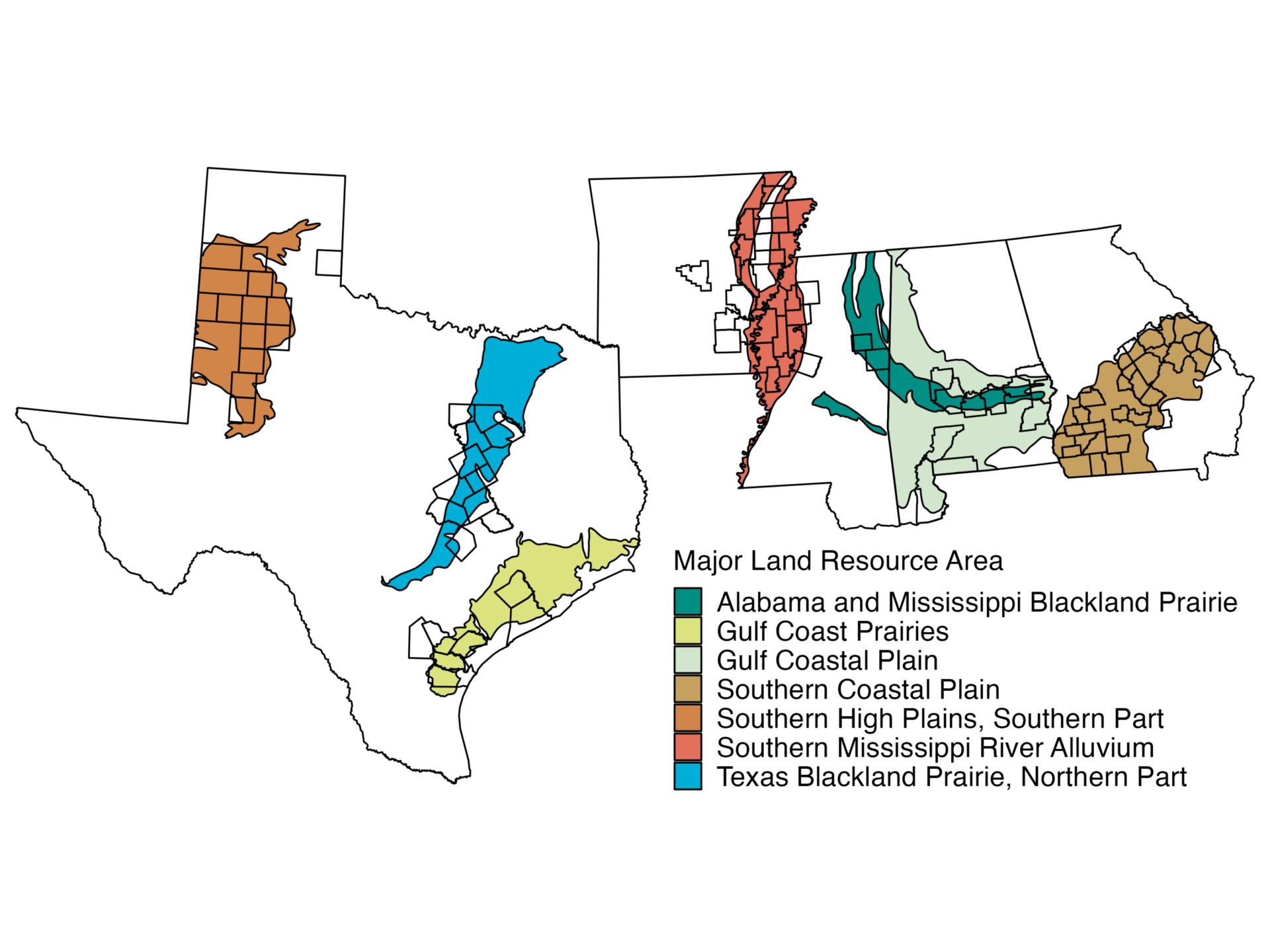 Map of Counties Sampled. Major Land Resource Area. Alabama and Mississippi Blackland Prairie, Gulf Coast Prairies, Gulf Coast Plain, Southern Coastal Plain, Southern High Plains (Southern Part), Southern Mississippi River Alluvium, Texas Blackland Prairie (Northern Part)