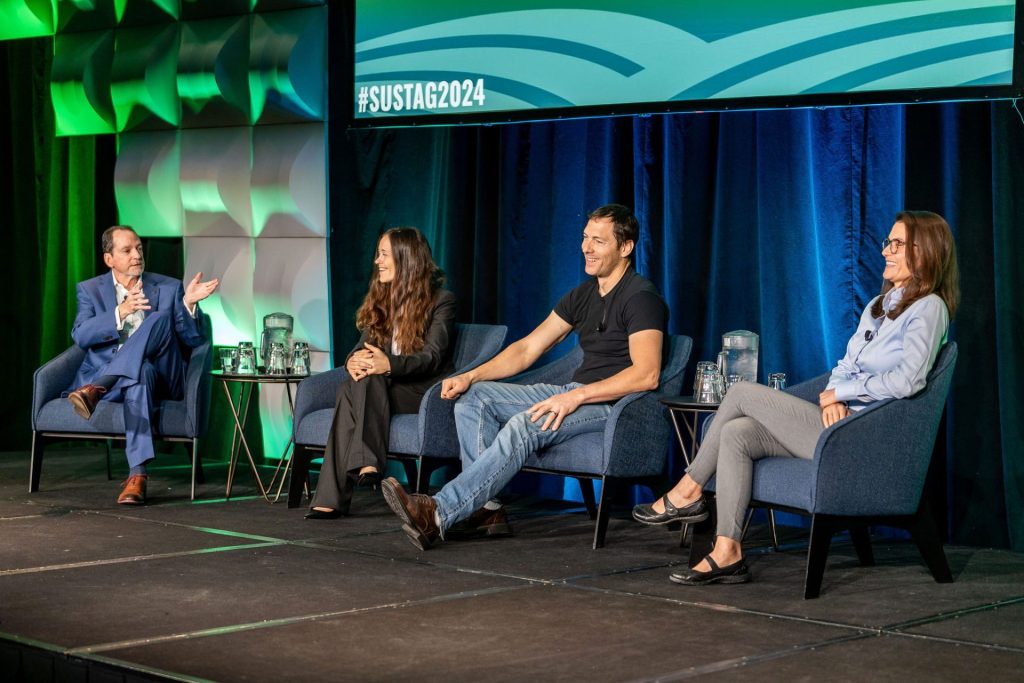 Dr. Honeycutt speaks with Dr. Jessica Chiartas; Levi Lyle; and USDA-ARS Soil Scientist Dr. Kalyn Taylor who are seated on the stage.